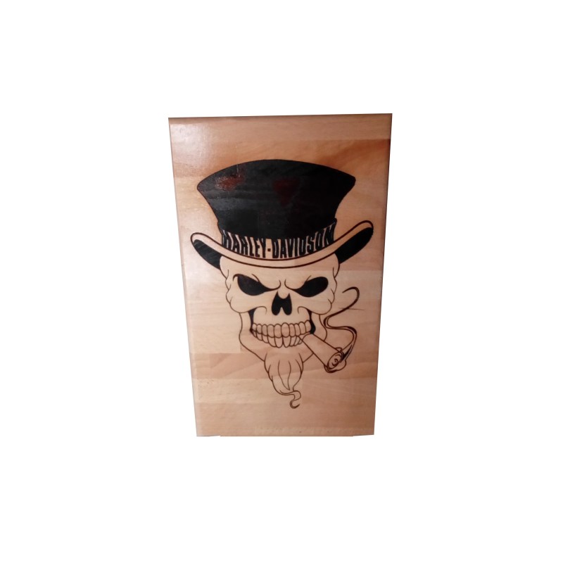 Gravure sur bois tete de mort Harley Davidson